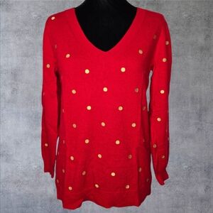 J. Crew V-Neck Sweater Size LP Red Gray Merino Blend Embroidered Polka Dot